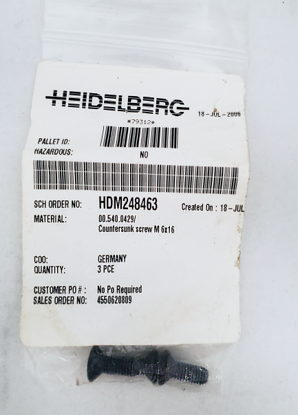 00.540.0429 countersunk screw m6x16 heidelberg